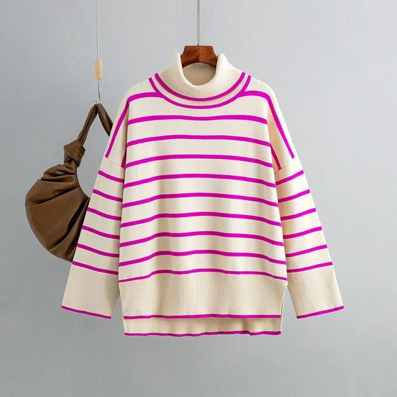 Pre Order:  Striped Ribbed Turtleneck Knit Sweater