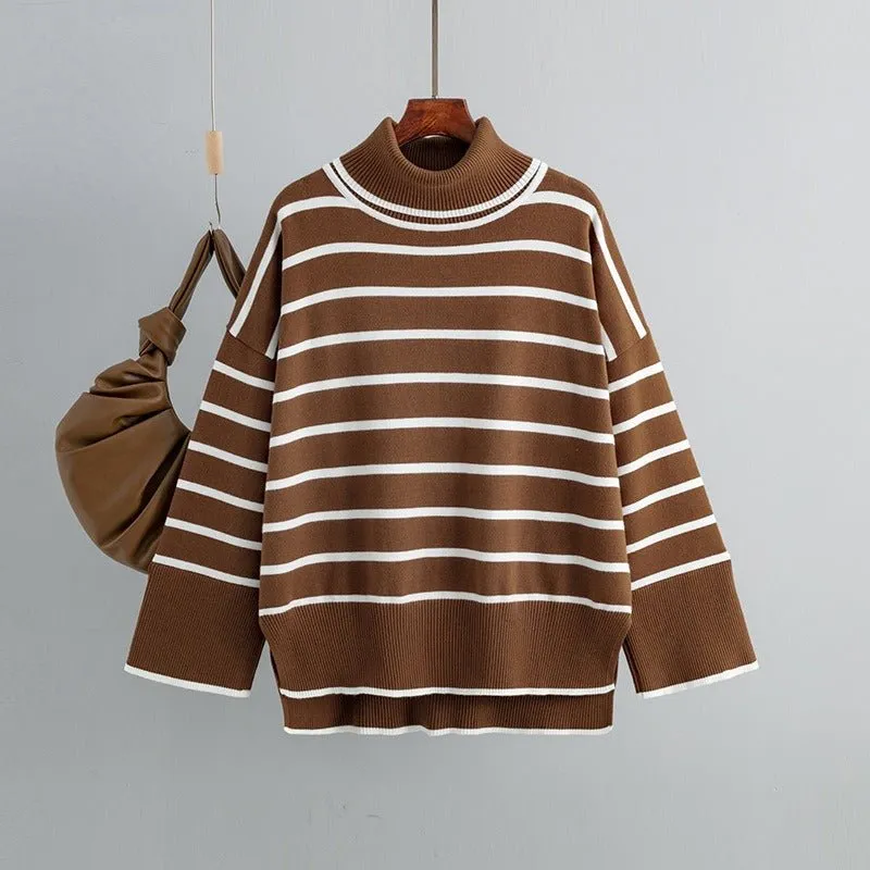 Pre Order:  Striped Ribbed Turtleneck Knit Sweater