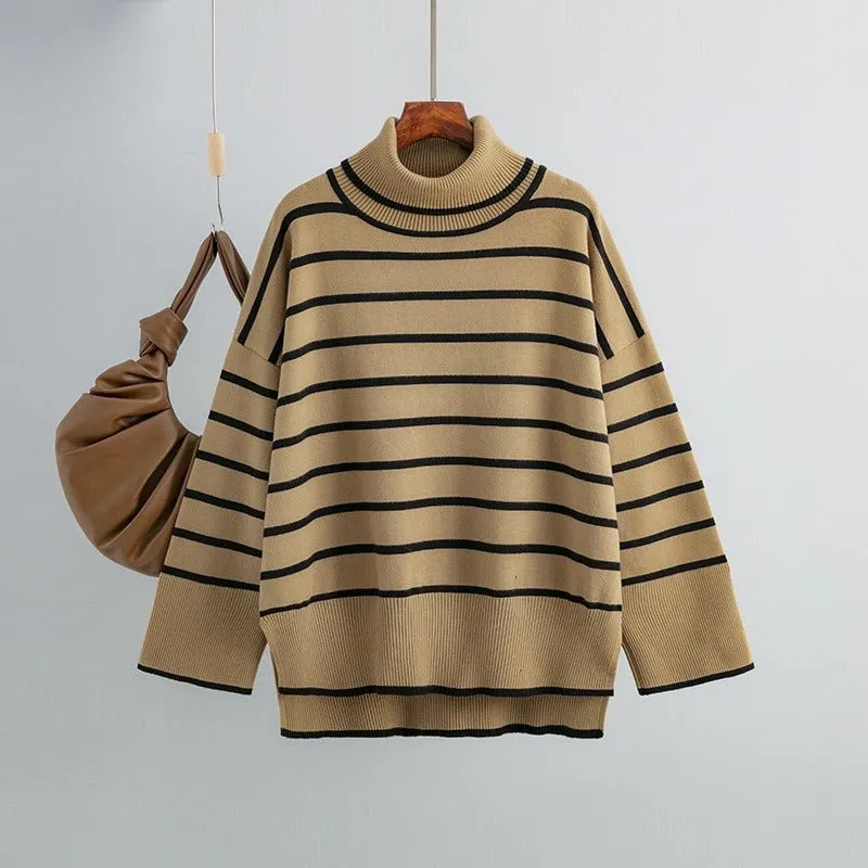 Pre Order:  Striped Ribbed Turtleneck Knit Sweater