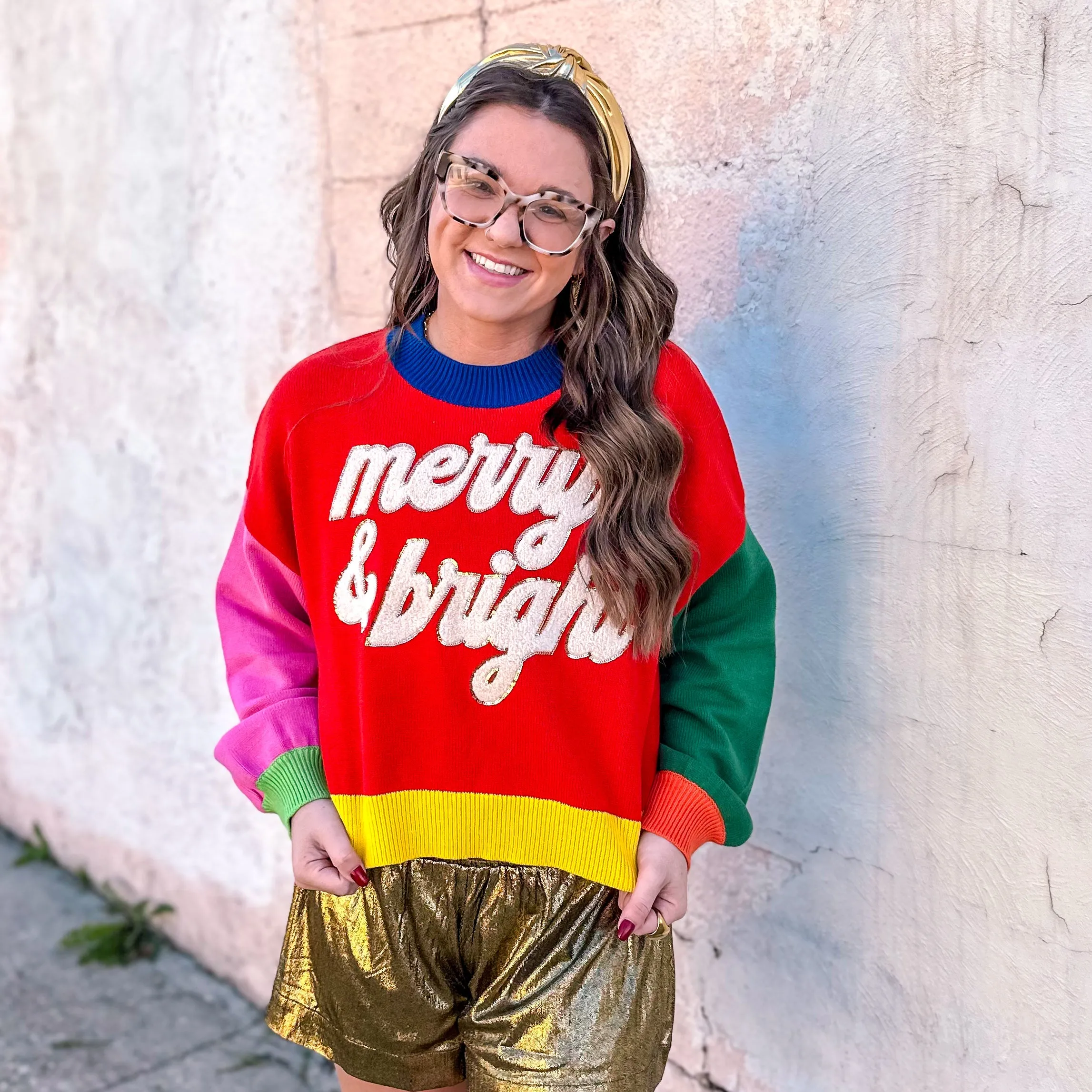 Queen Of Sparkles: Colorblock Fuzzy 'Merry & Bright' Sweater