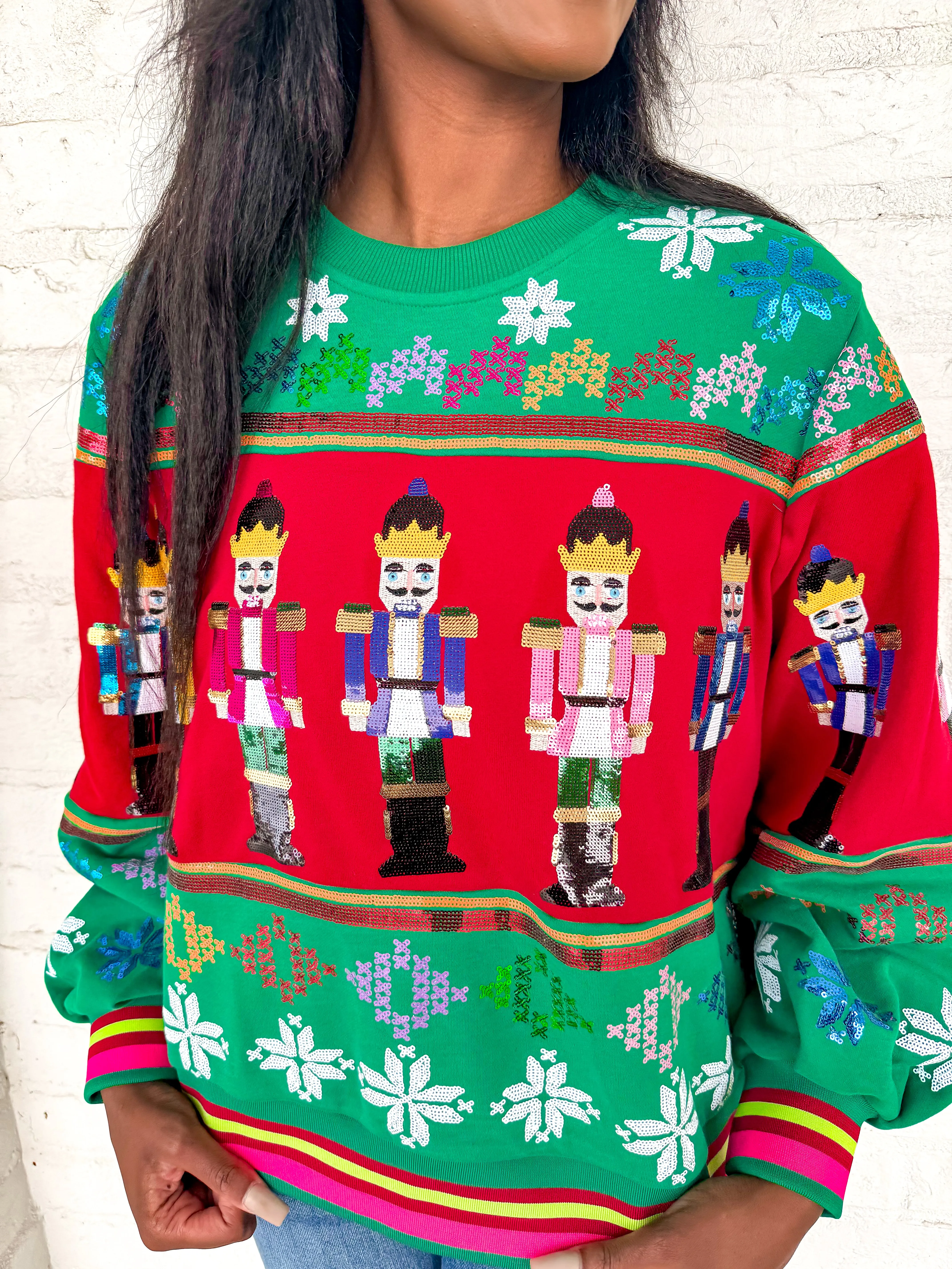 Queen Of Sparkles Green Vintage Nutcracker and Needlepoint Snowflake Sweatshirt