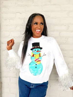 Queen Of Sparkles White & Aqua Snowman Sweater