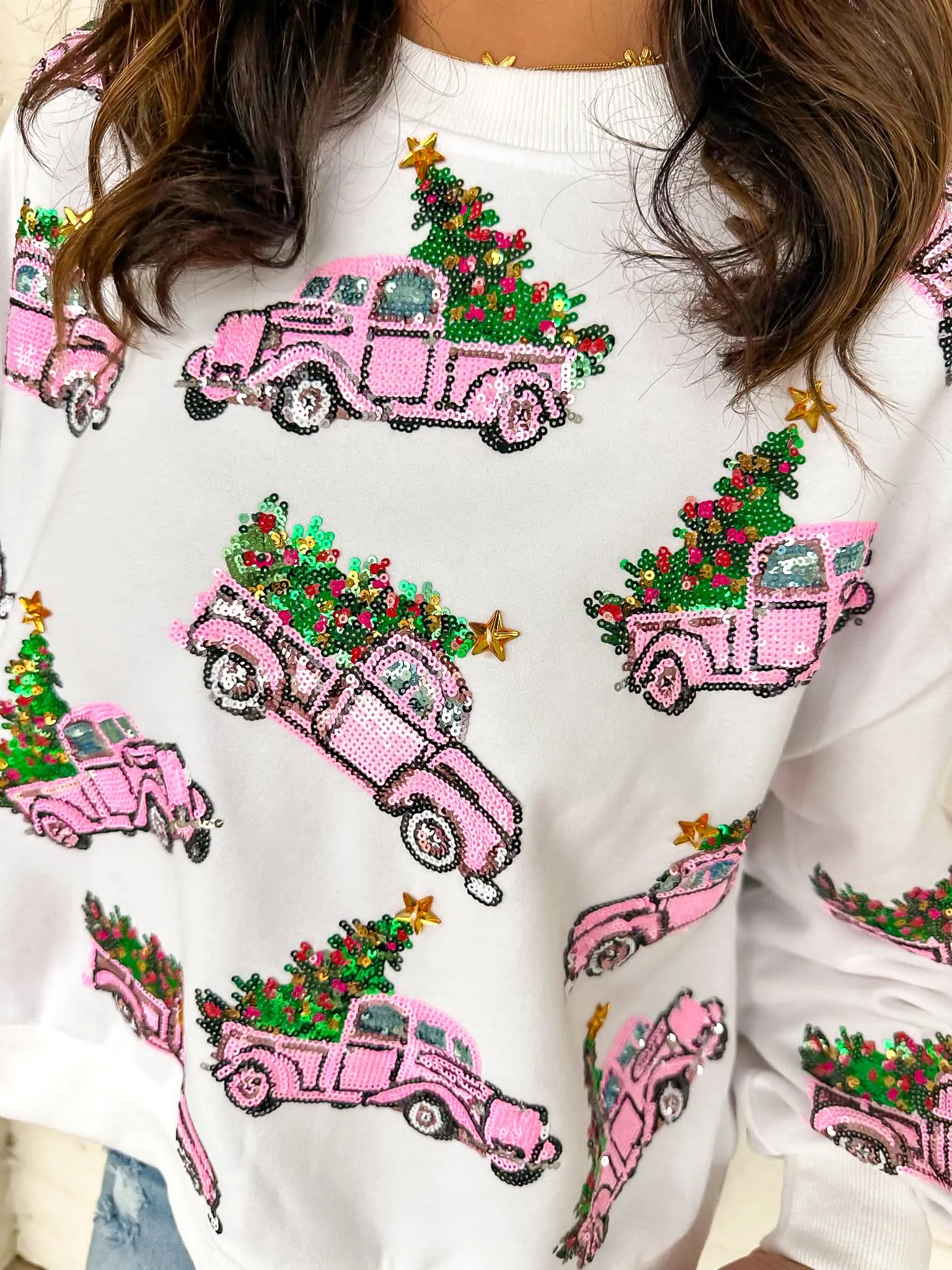 Queen Of Sparkles White Trucks With Christmas Trees Sweatshirt