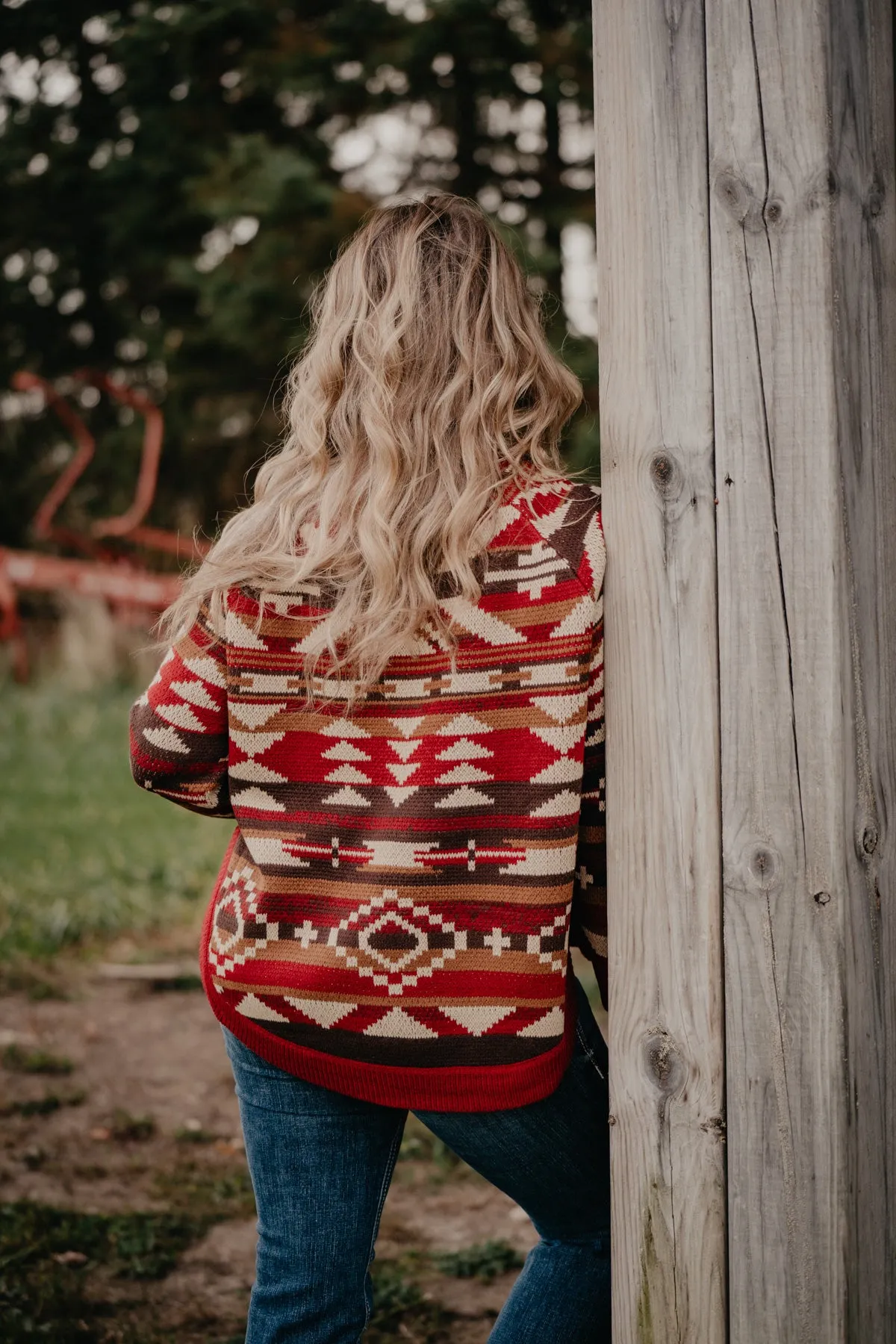 "Crimson" Red Aztec Round Bottom Sweater (S-XXL)