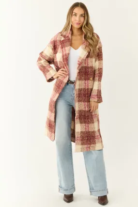 Raspberry Plaid Button Down Textured Trench Coat