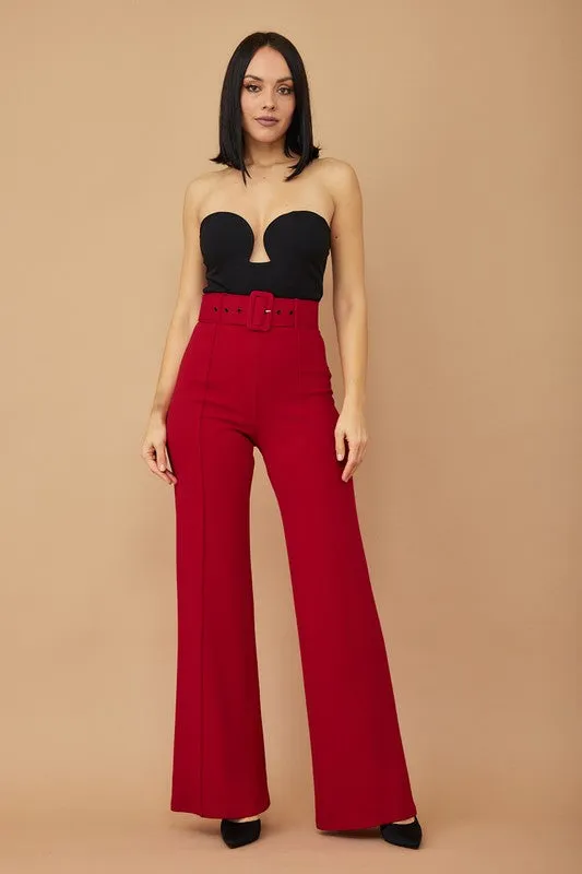 Red High Waist Pants With Buckle Belt