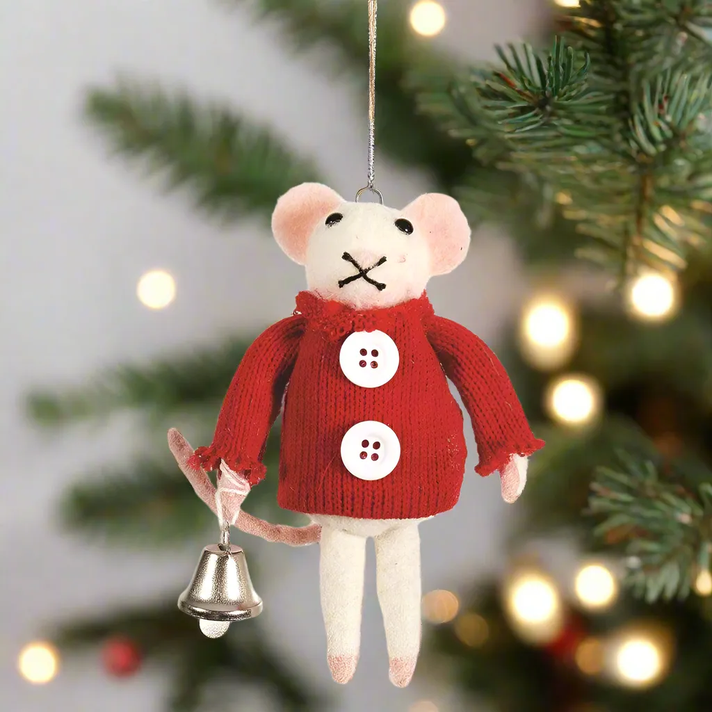 Red Sweater Mouse with Bell In Hand Ornament