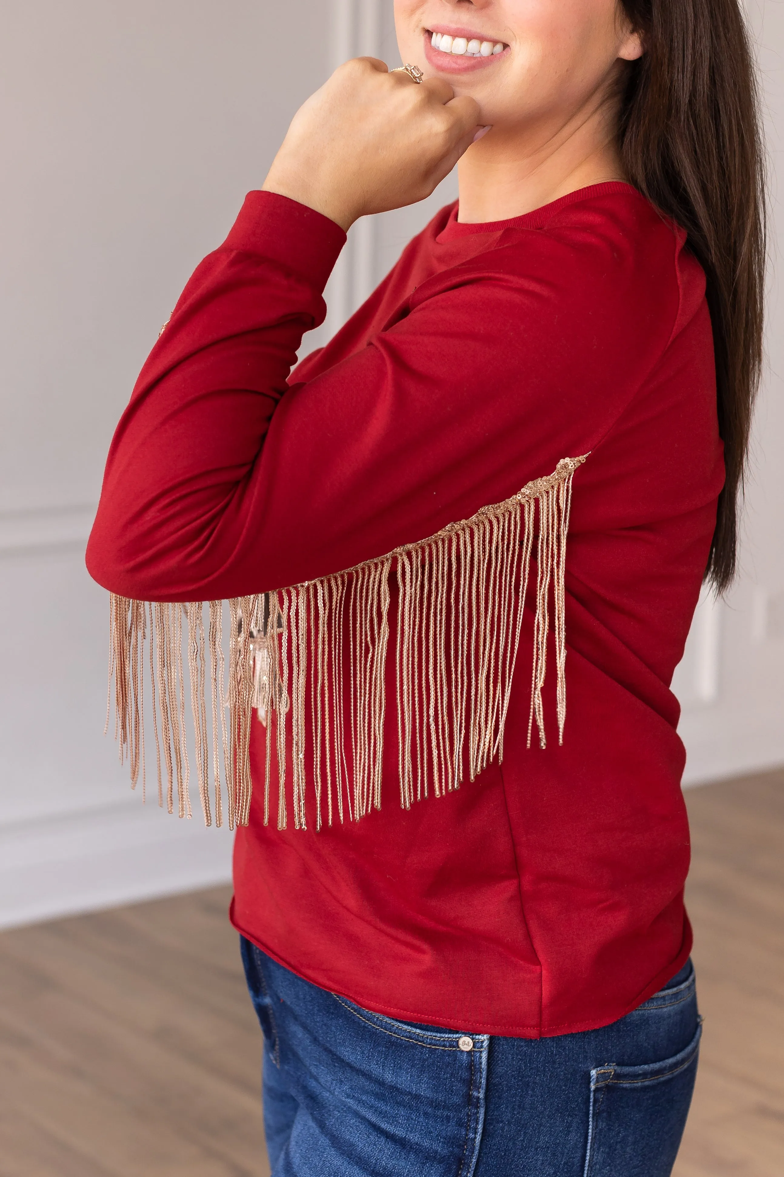 Red Top With Cowhide Tree and Sequin Fringe