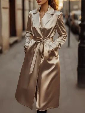 Refined Champagne Satin Trench Coat for Timeless Style