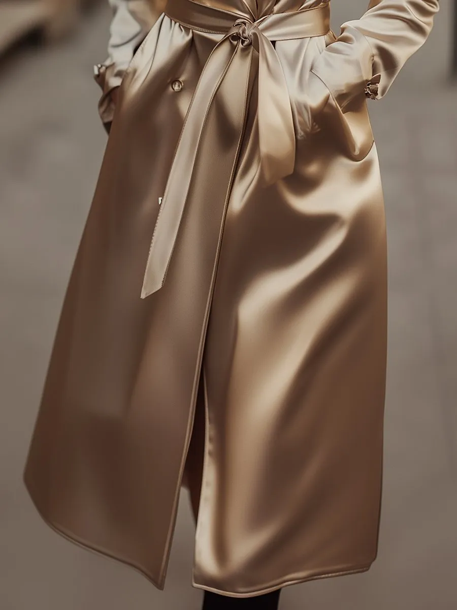 Refined Champagne Satin Trench Coat for Timeless Style