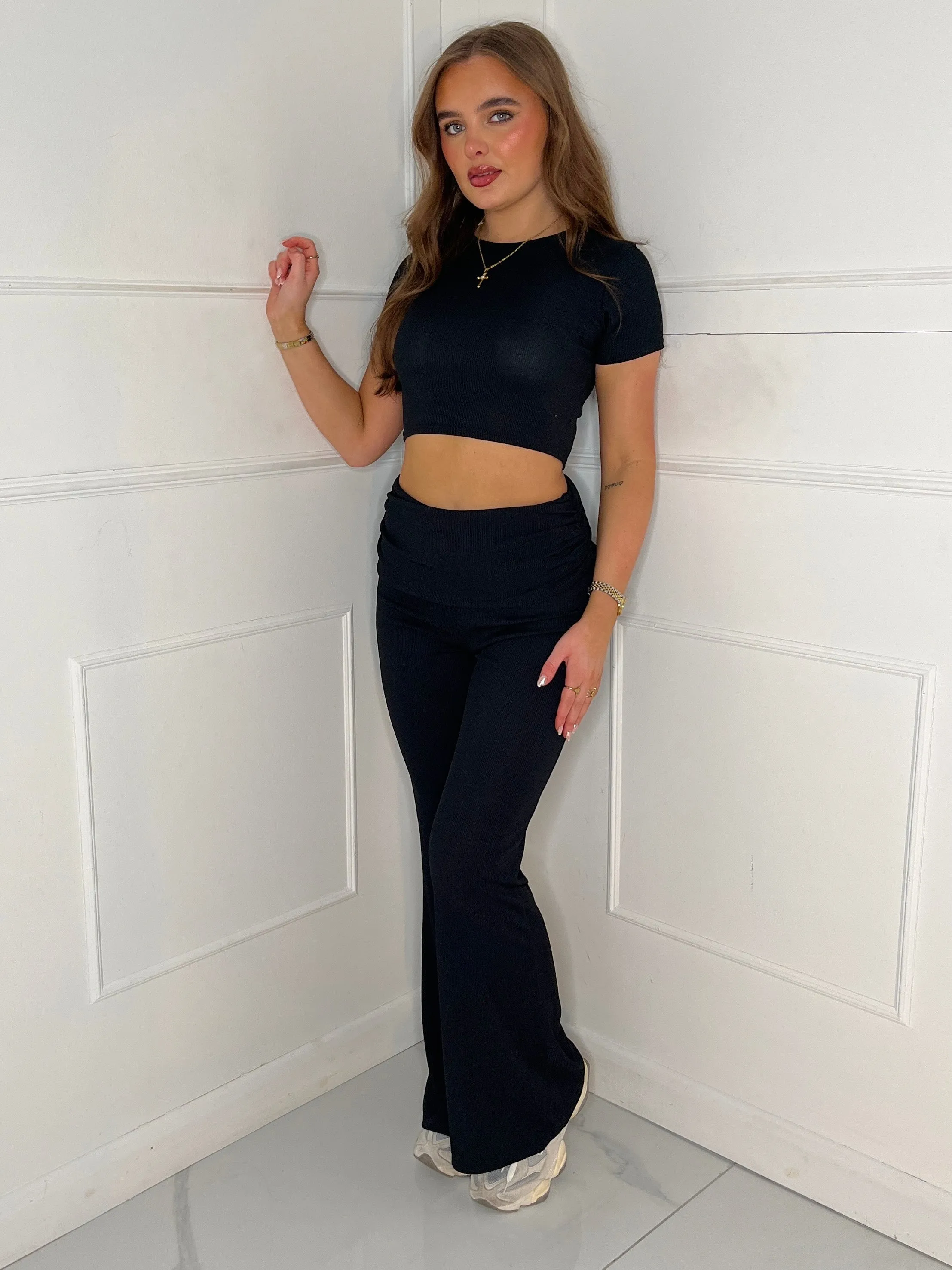 Ribbed Crop Top & Fold Over Flares Loungesuit - Black