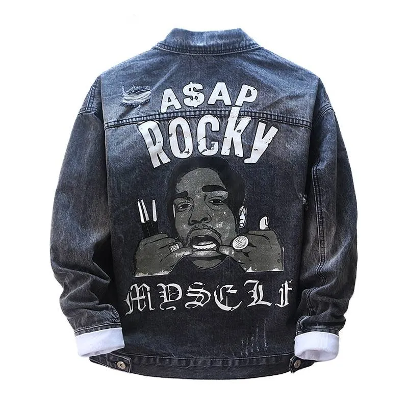 Ripped Denim Rocky Printed Hip hop Style Men Jacket