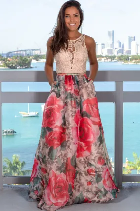 Rose Printed Crochet Top Maxi Dress with Pockets