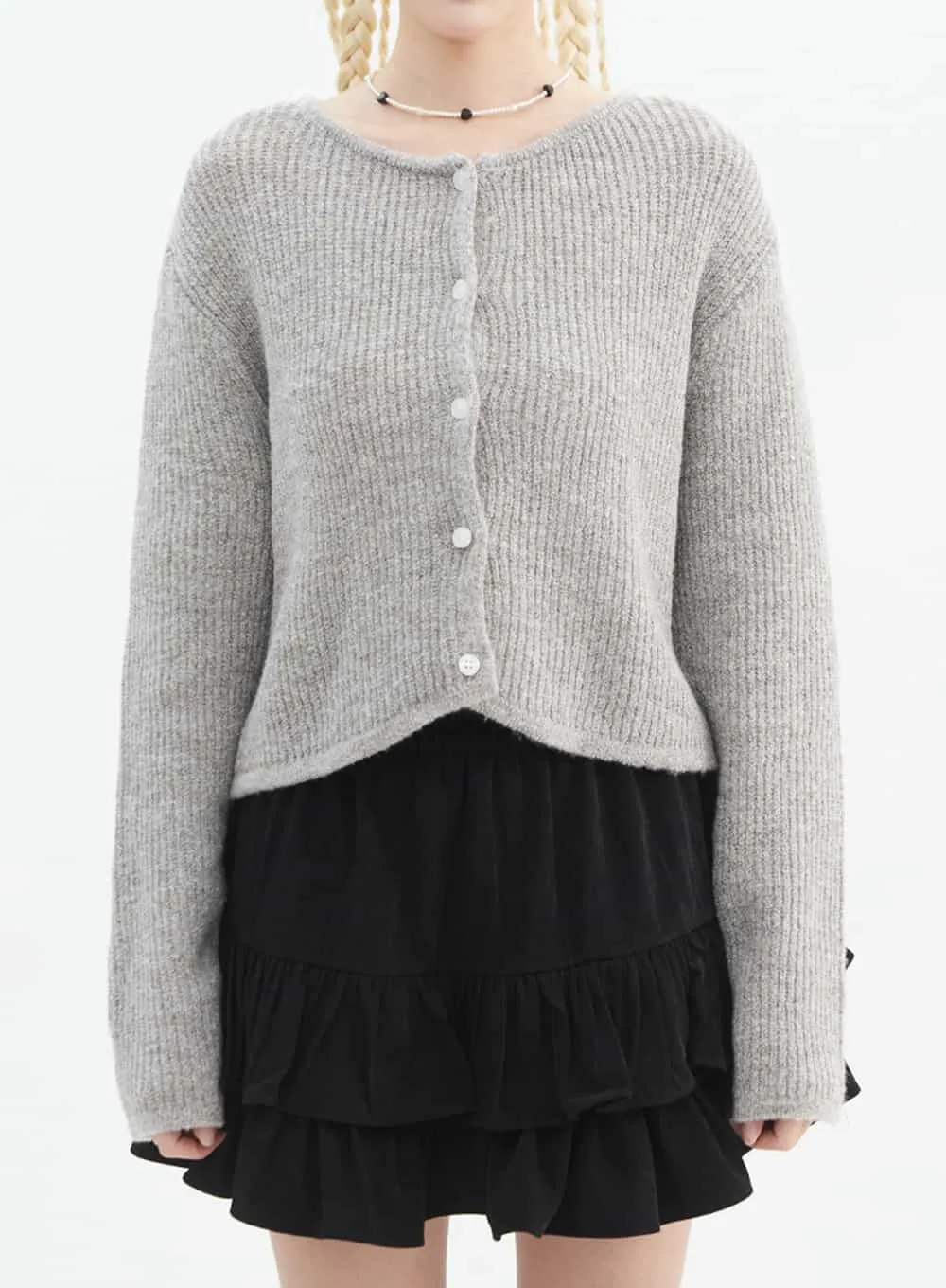 Round Neck Ribbed Knit Cardigan IN328