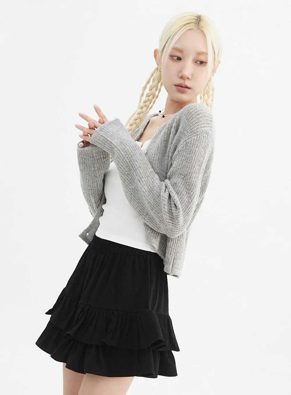 Round Neck Ribbed Knit Cardigan IN328