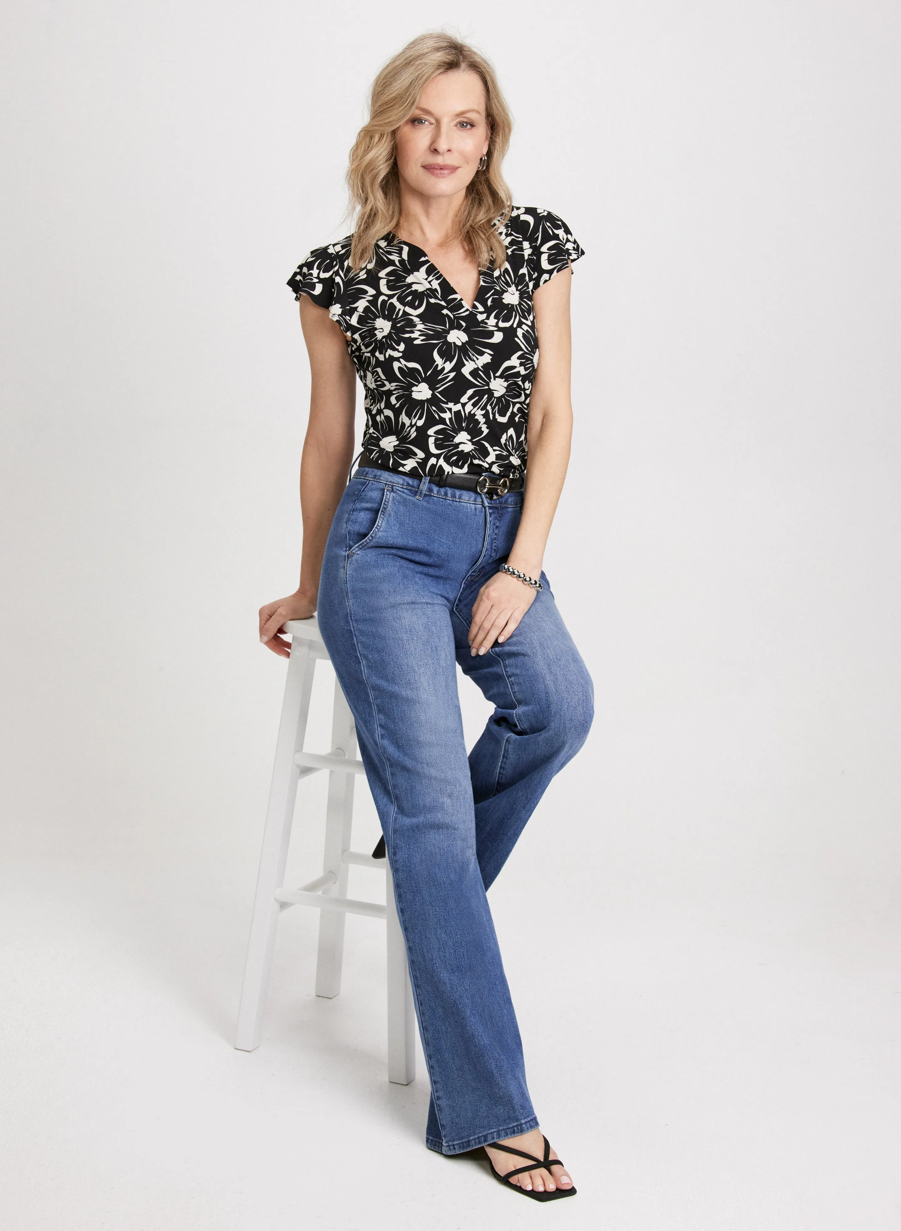 Ruffle Floral Top & Flared Denim Pants