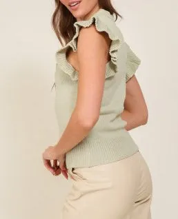 Sage Petals Sleeveless Ruffle Sweater Top