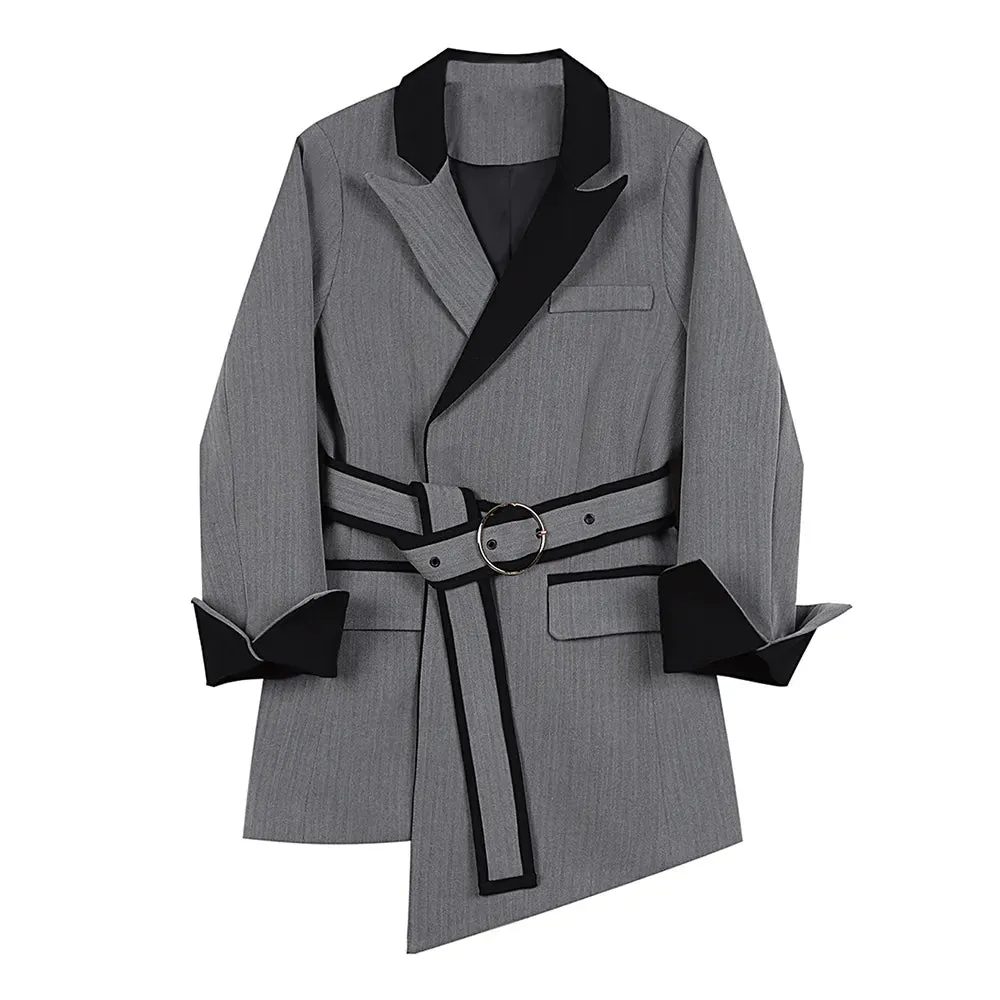 Sashes Korean Blazer For Women Notched Collar Long Sleeve Patchwork Colorblock Irregular Blazers Female Clothes