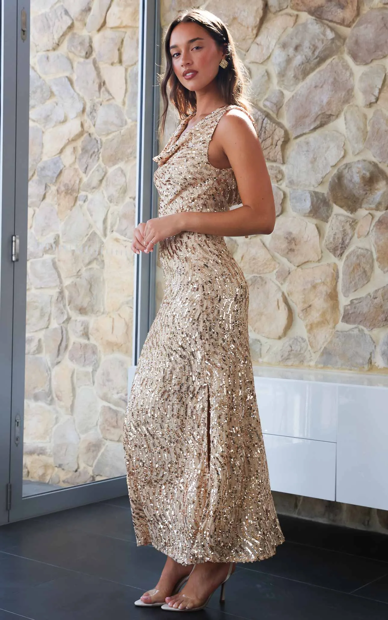 Schiffer Maxi Dress - Beige Rose Gold Sequin