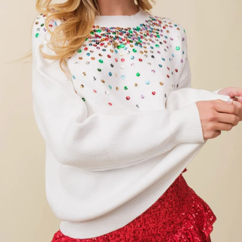 Sequins & Sparkle White Trim Sweater