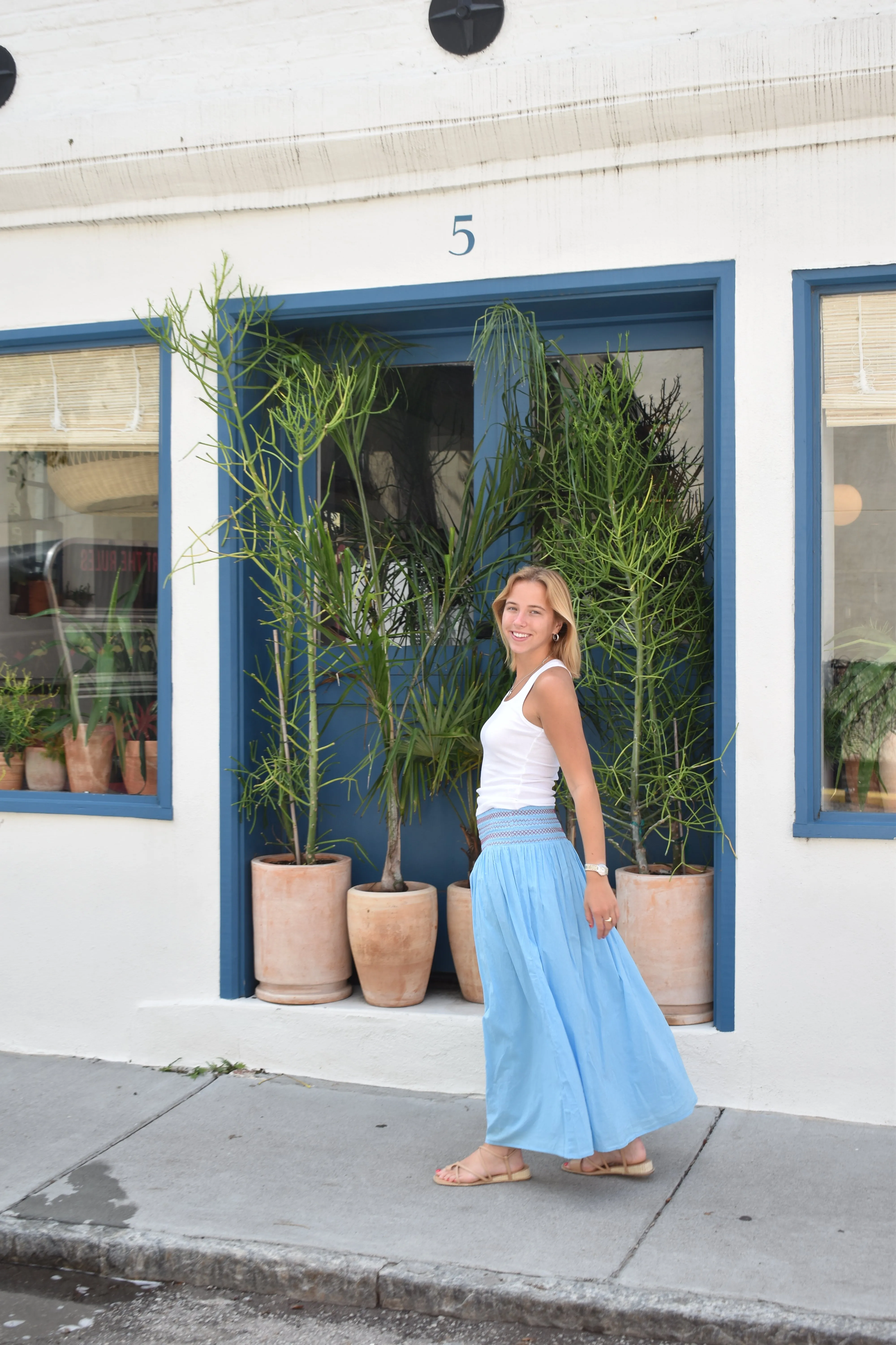 Serena Maxi Skirt Sky Blue with Red Stitching