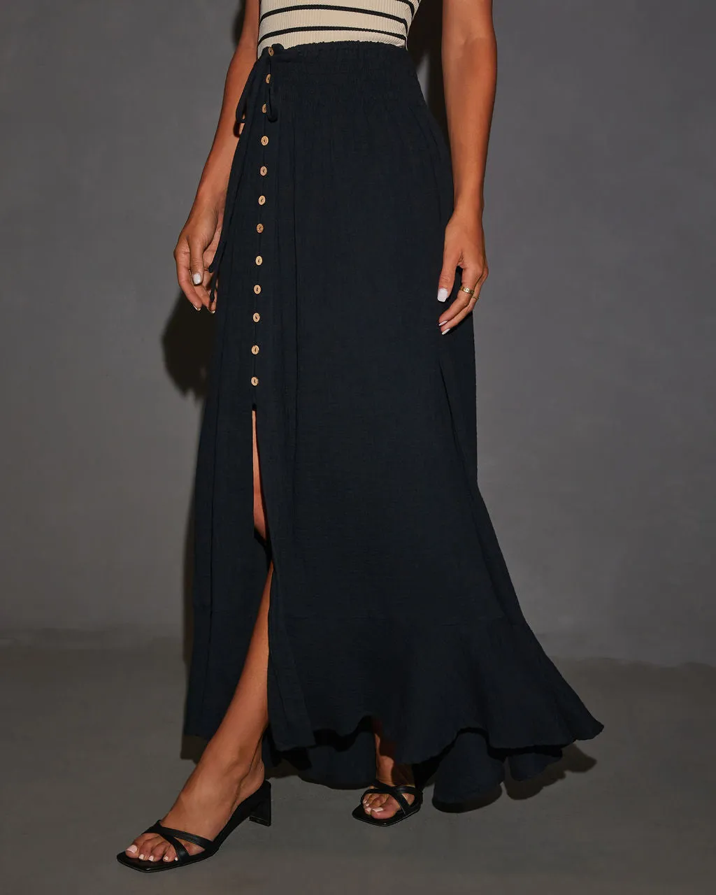 Serves Up Tie Waist Button Down Maxi Skirt