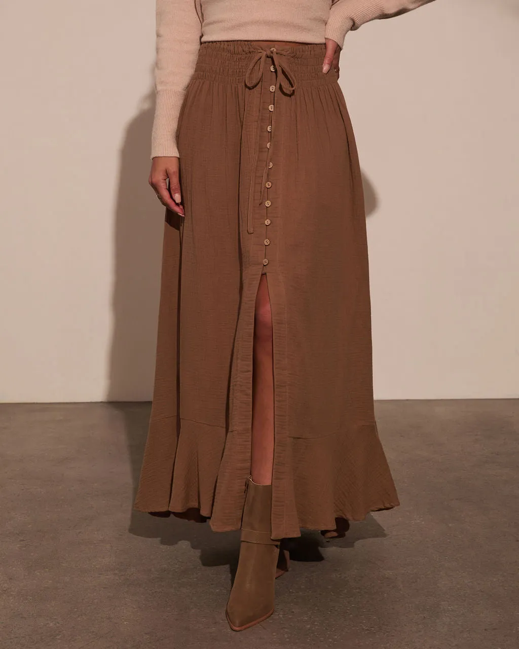 Serves Up Tie Waist Button Down Maxi Skirt