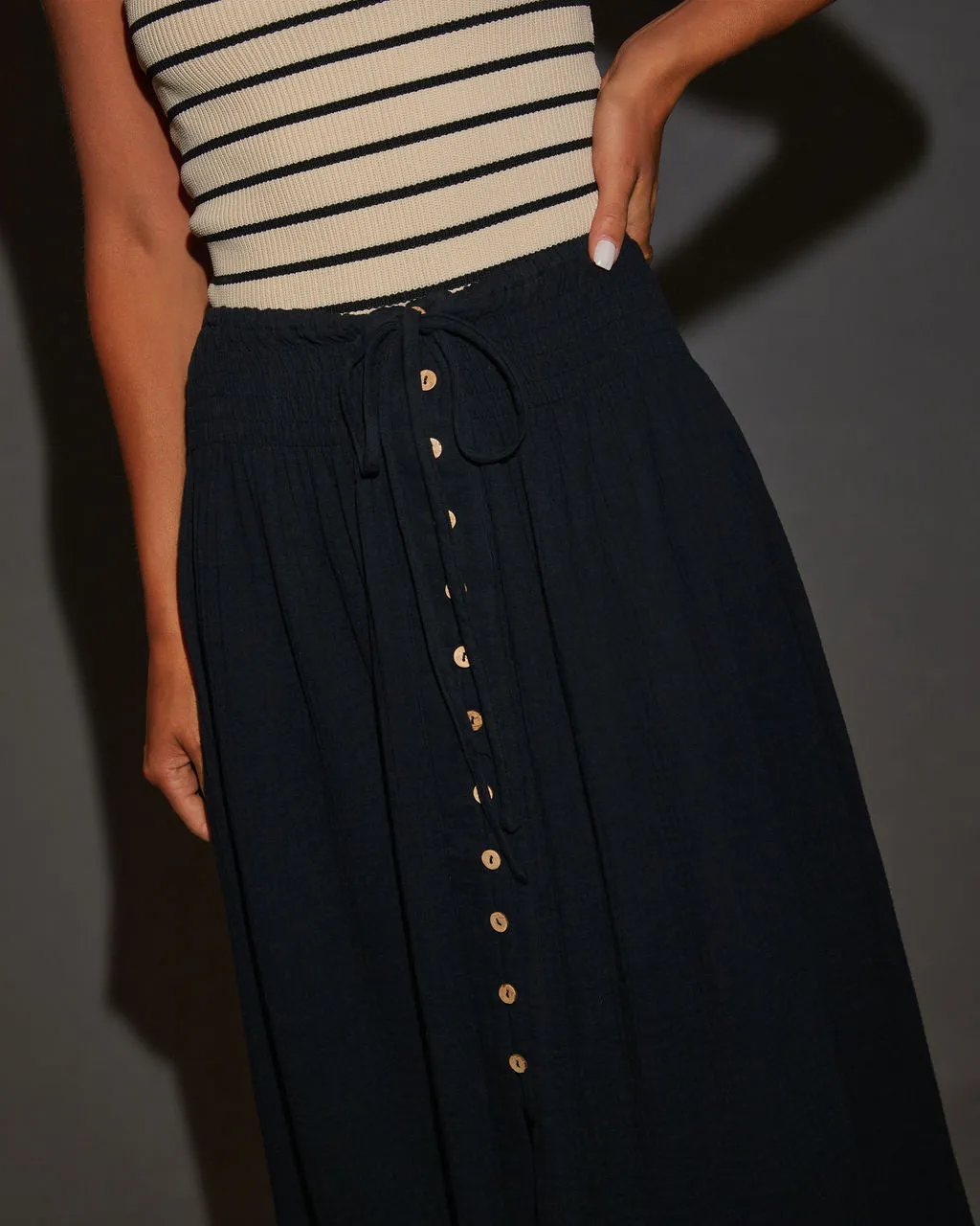 Serves Up Tie Waist Button Down Maxi Skirt