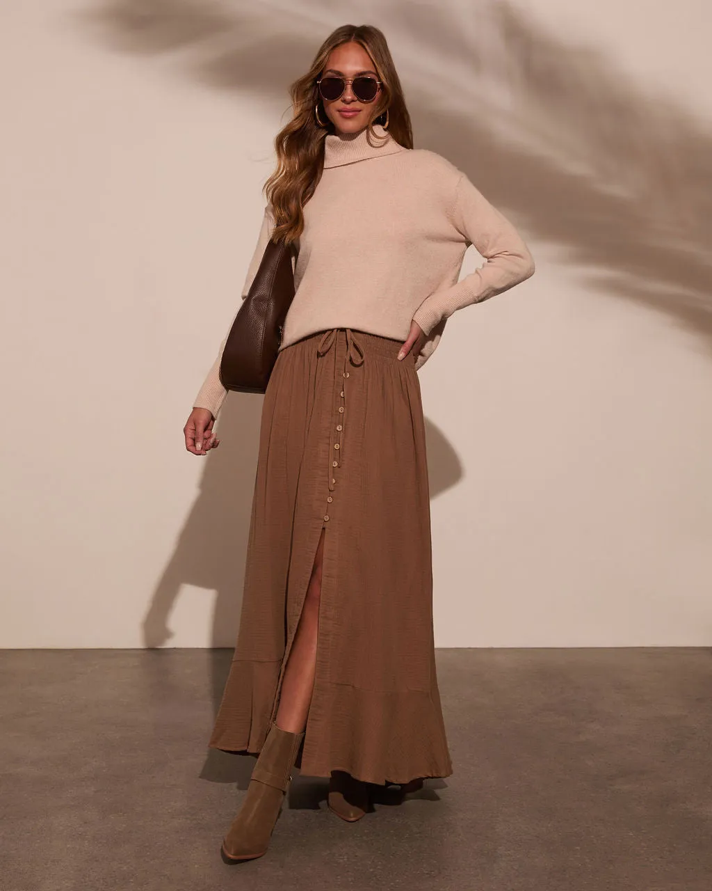 Serves Up Tie Waist Button Down Maxi Skirt