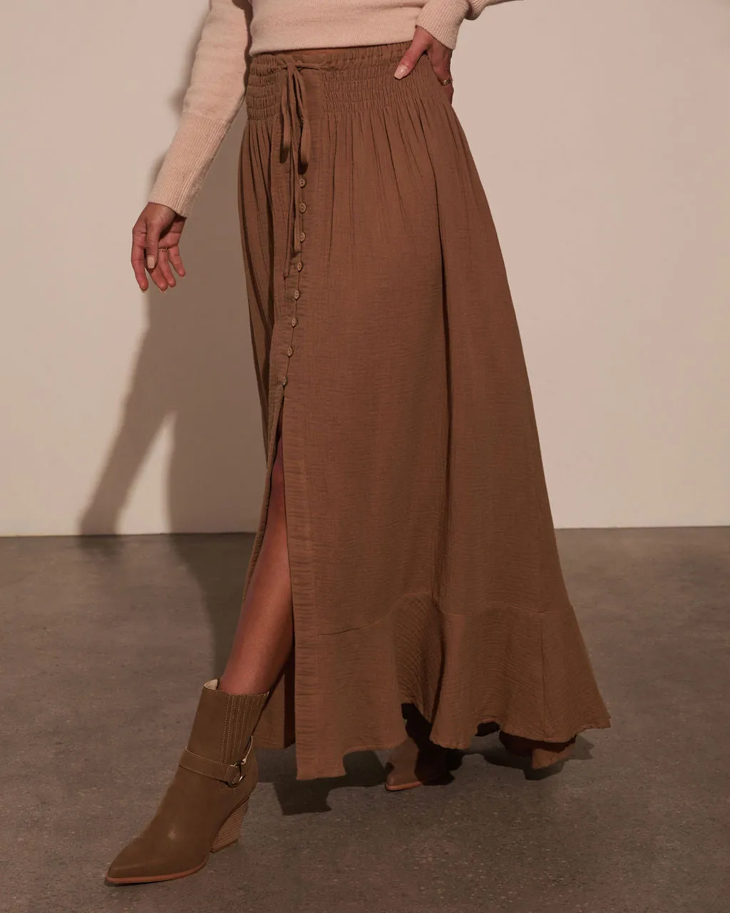 Serves Up Tie Waist Button Down Maxi Skirt