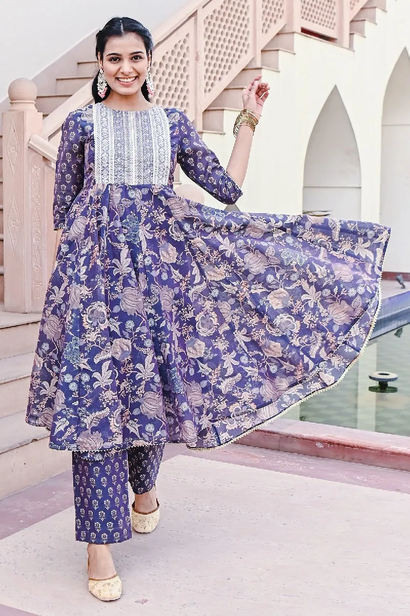 Shagan Printed Blue Sequins Flared Kurta With Pant & Dupatta