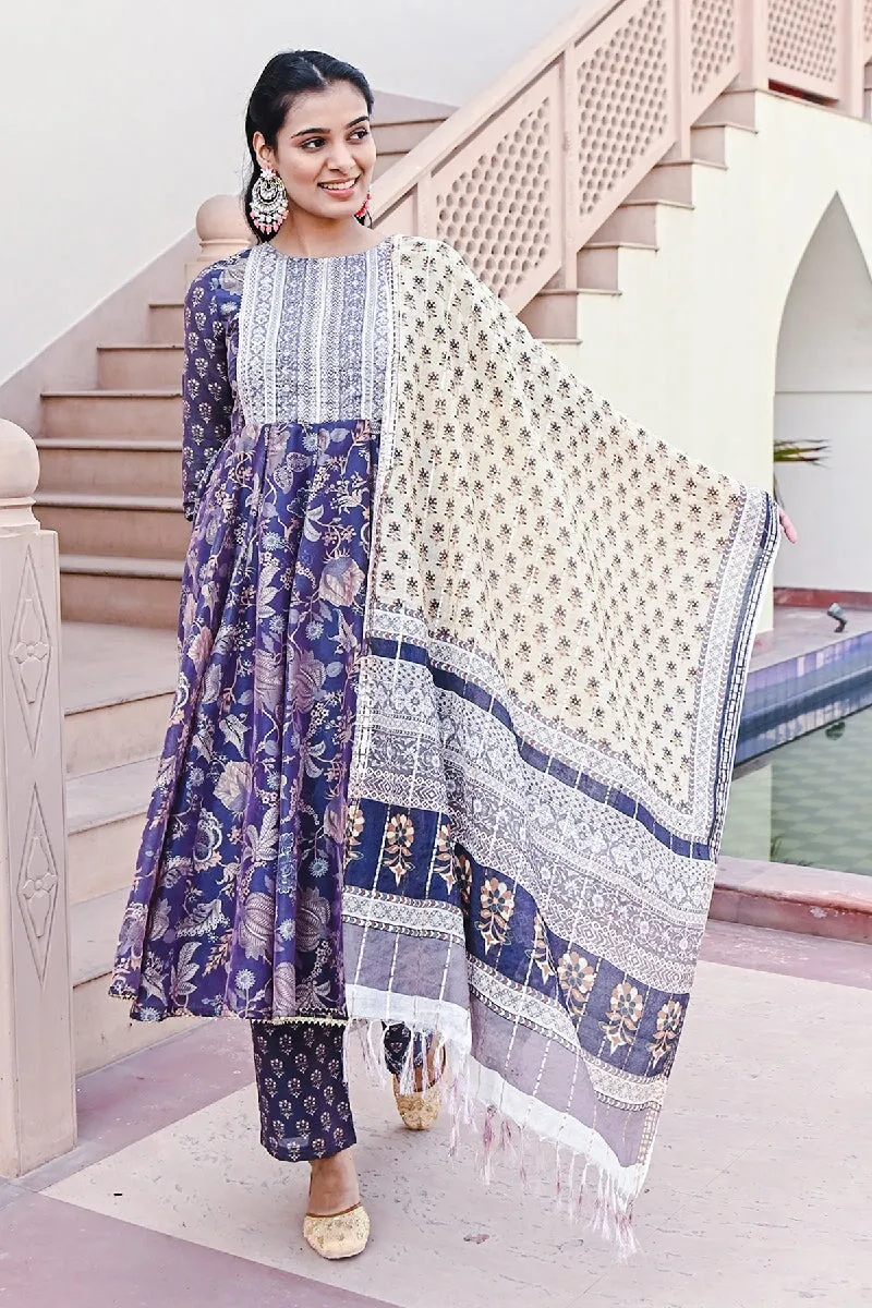 Shagan Printed Blue Sequins Flared Kurta With Pant & Dupatta