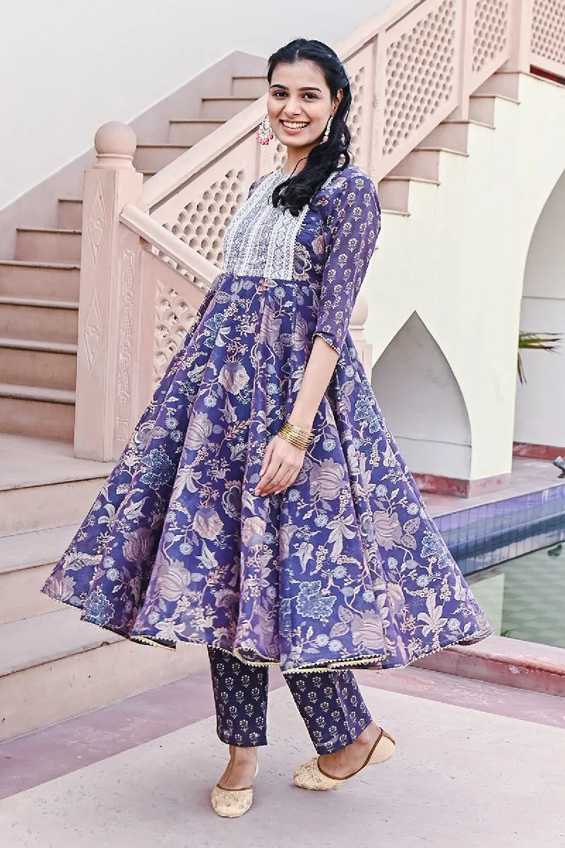 Shagan Printed Blue Sequins Flared Kurta With Pant & Dupatta