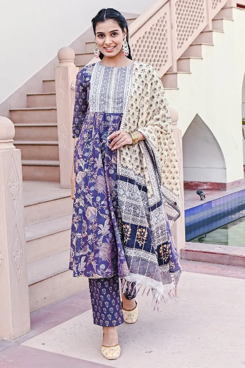 Shagan Printed Blue Sequins Flared Kurta With Pant & Dupatta