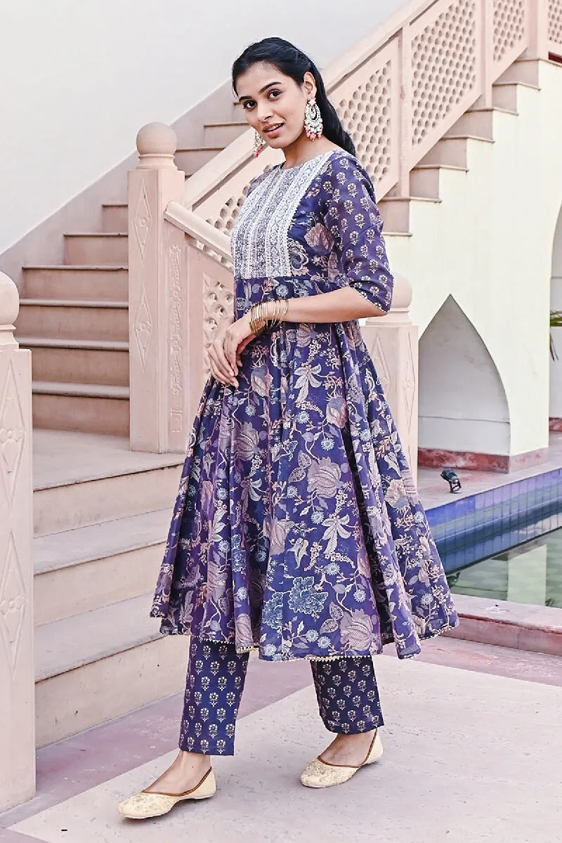 Shagan Printed Blue Sequins Flared Kurta With Pant & Dupatta