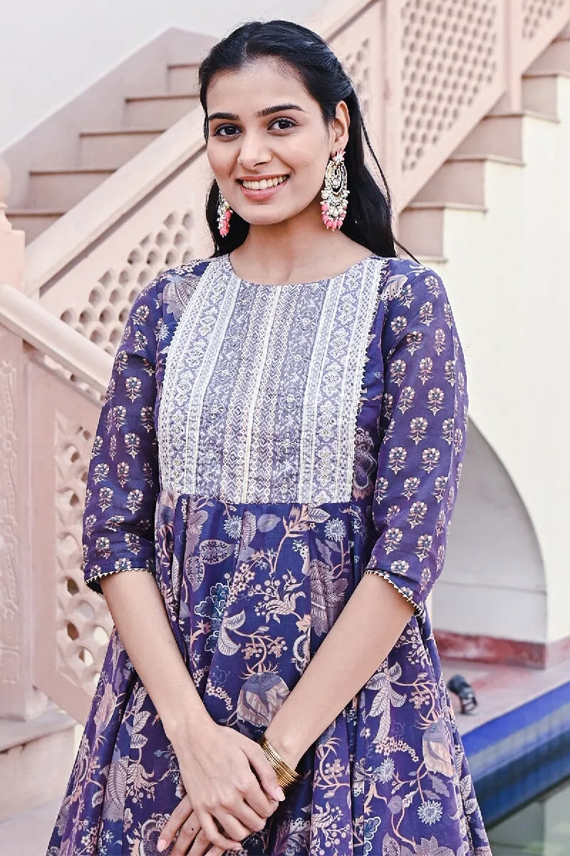 Shagan Printed Blue Sequins Flared Kurta With Pant & Dupatta