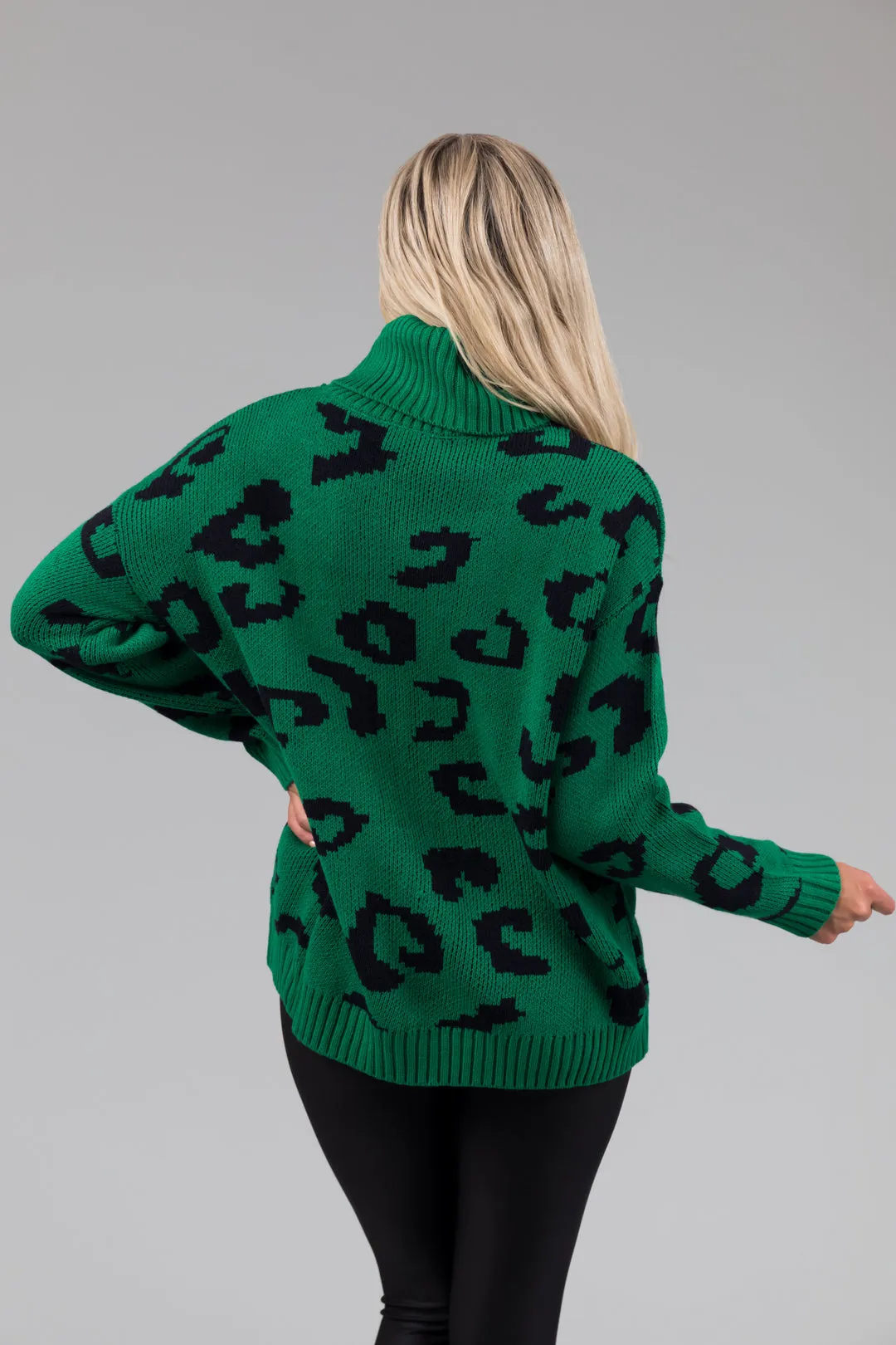 She Sky Kelly Green Leopard Turtleneck Sweater