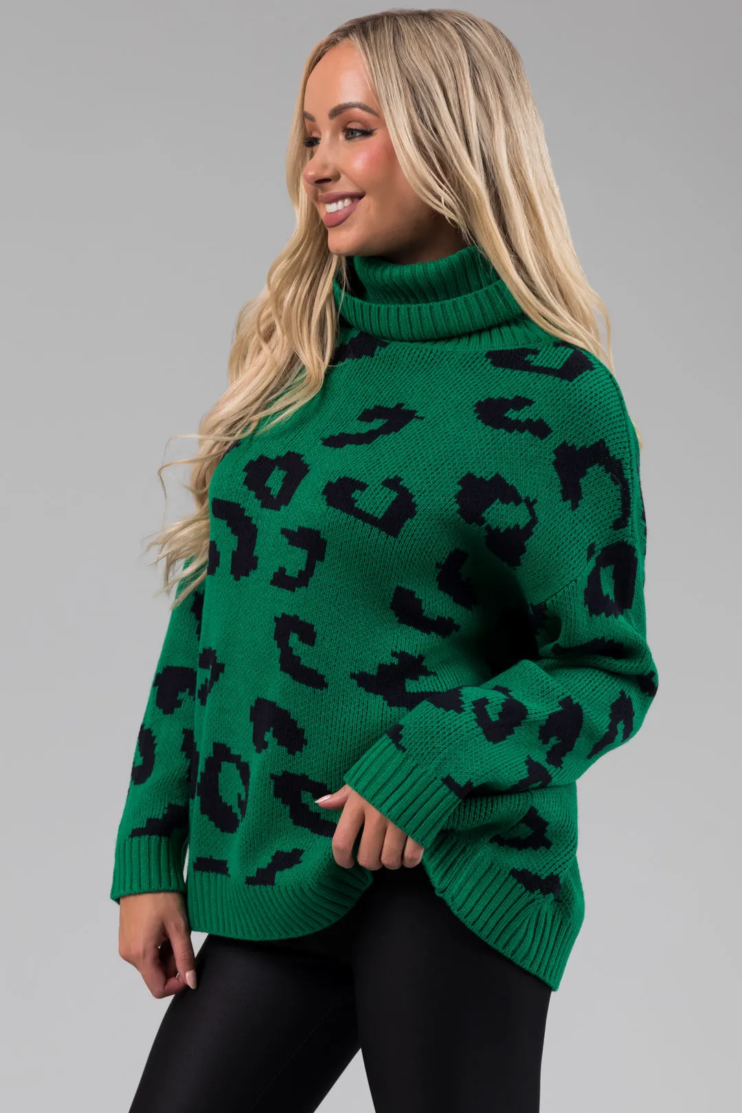 She Sky Kelly Green Leopard Turtleneck Sweater