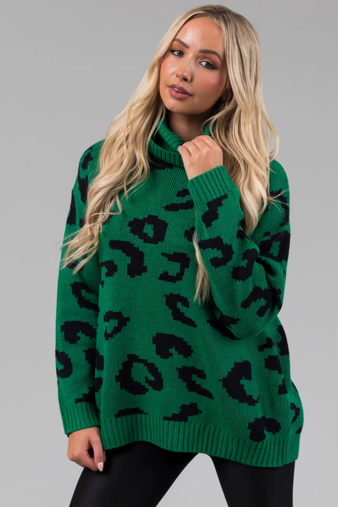 She Sky Kelly Green Leopard Turtleneck Sweater