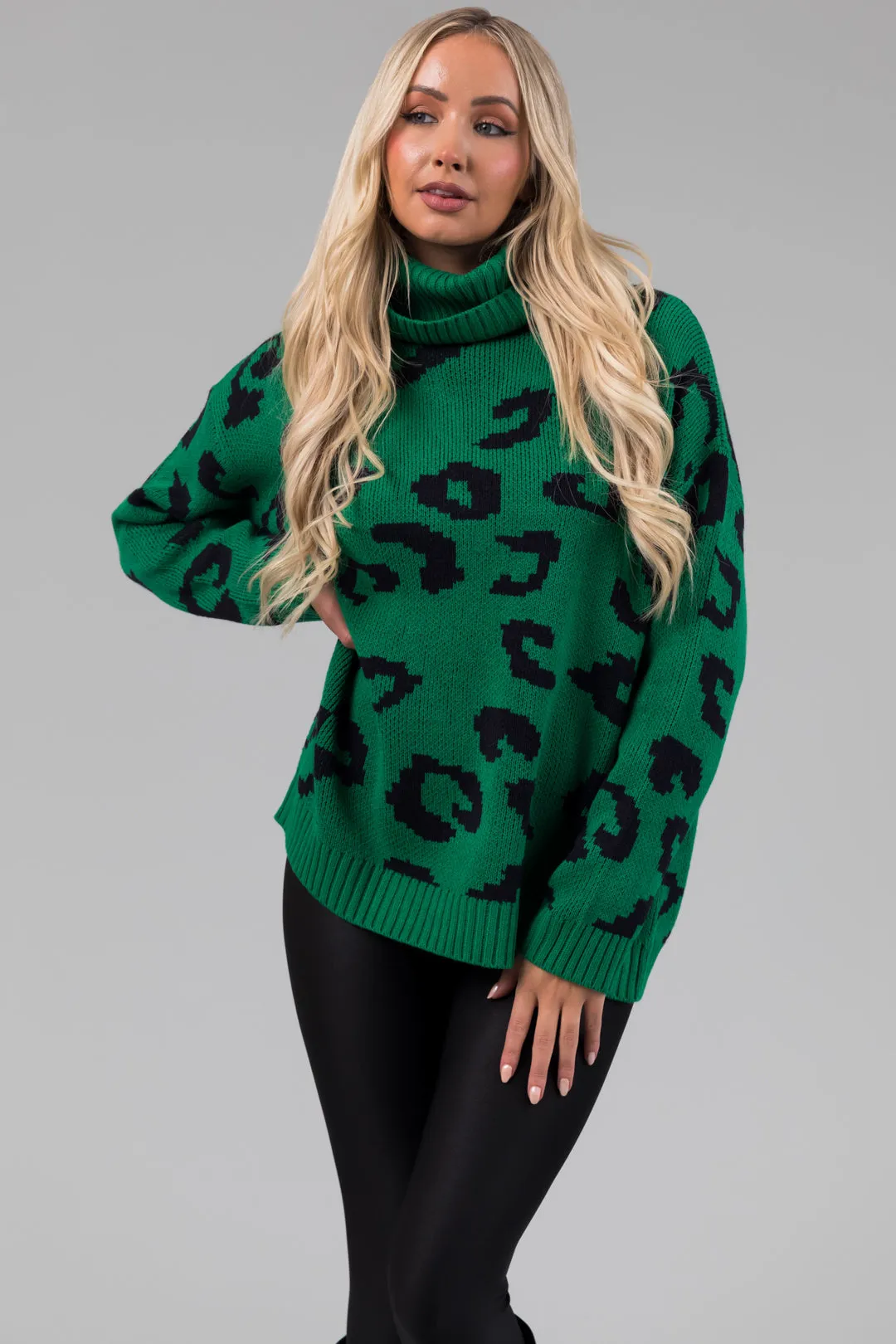 She Sky Kelly Green Leopard Turtleneck Sweater