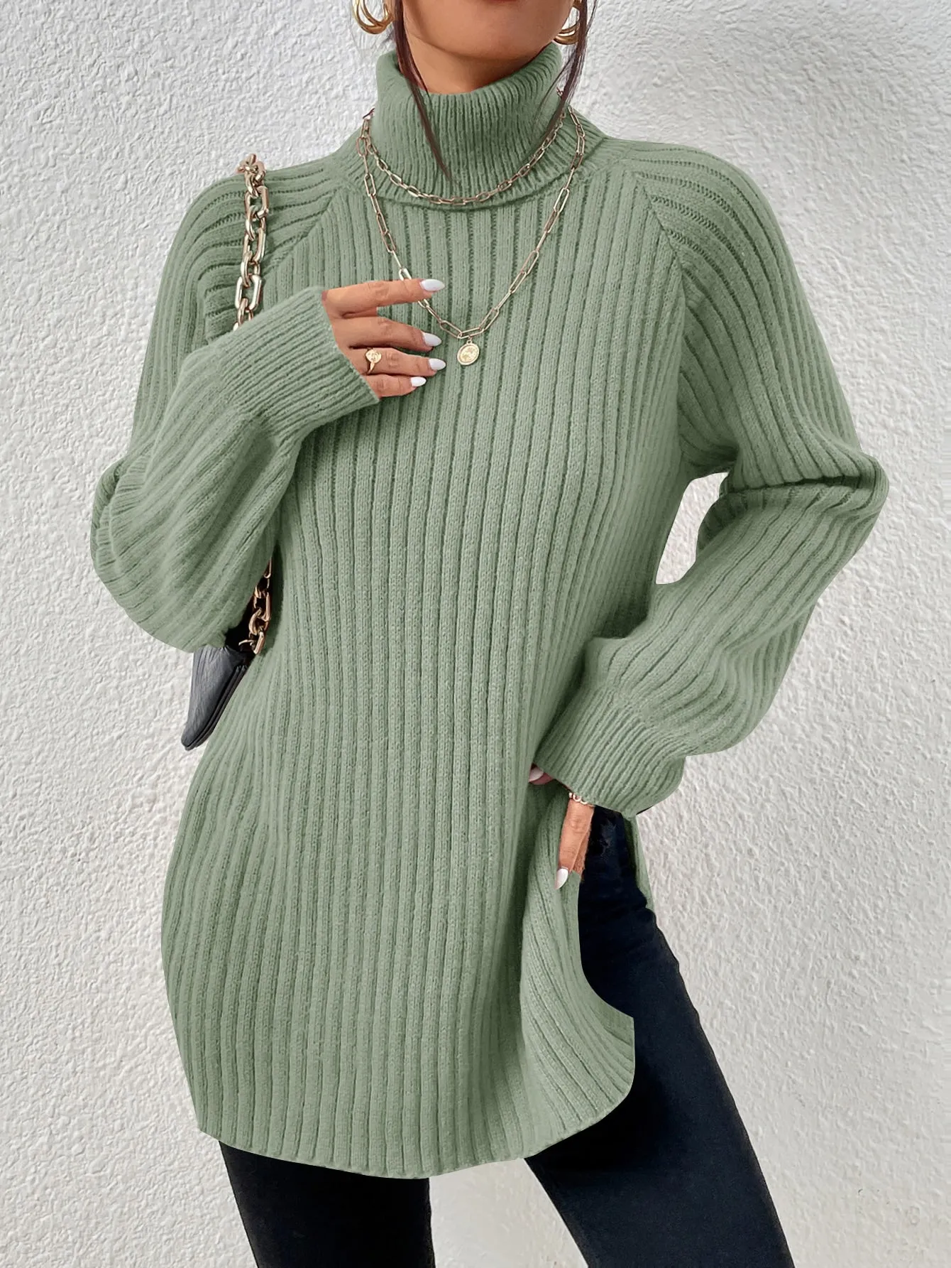 SHEIN Frenchy Turtleneck Raglan Sleeve Split Hem Jumper