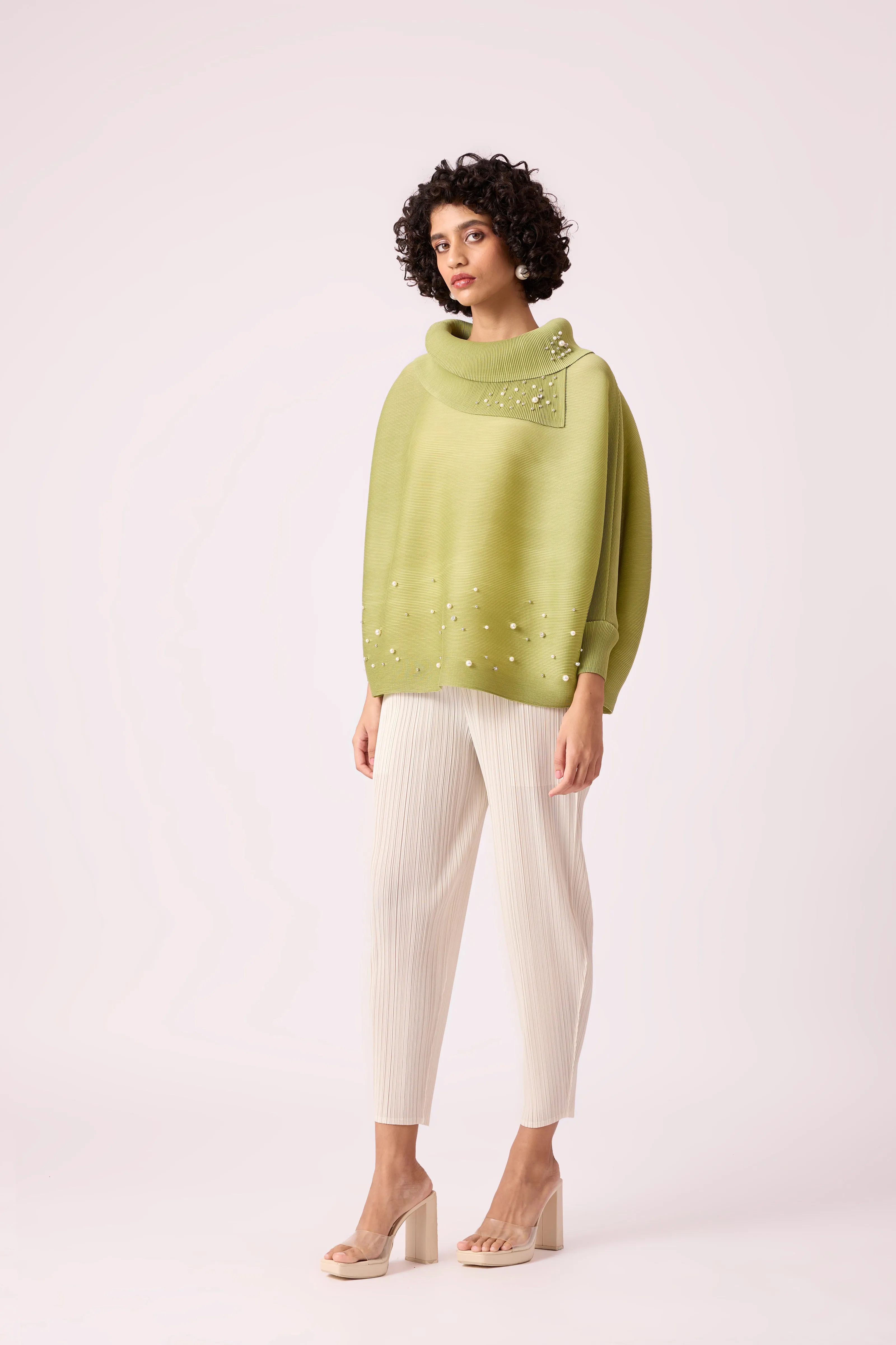 Sloane Pearled Batwing Top - Pear Green