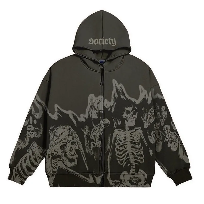 Society Skeletons Flame Print Zipper Grunge Hoodie