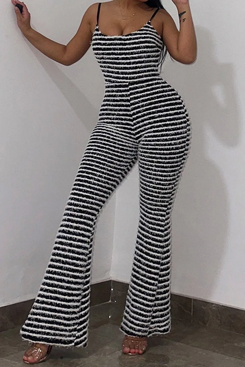 Spaghetti Strap Striped Knit Flared Leg Jumpsuit Backless