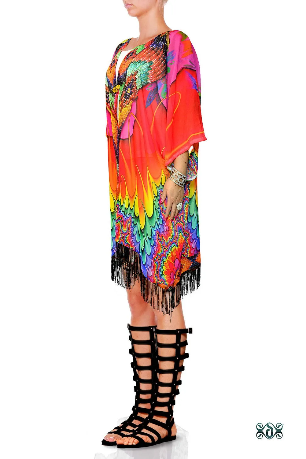 SPECTRUMANIA Vibrant Georgette Fringes  Devarshy Short Kimono Jacket - JK19