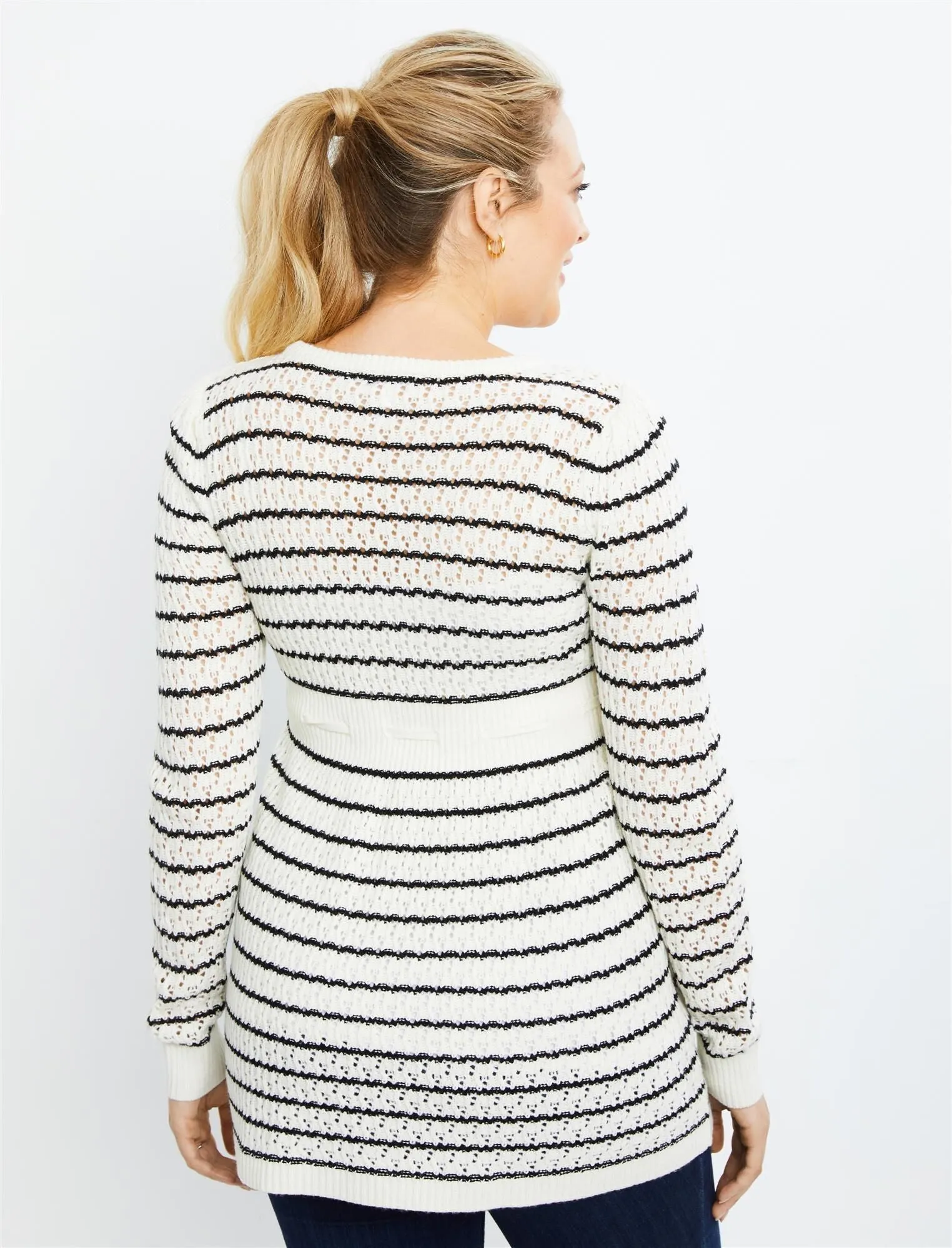 Striped Pointelle Maternity Sweater in Egret / Black