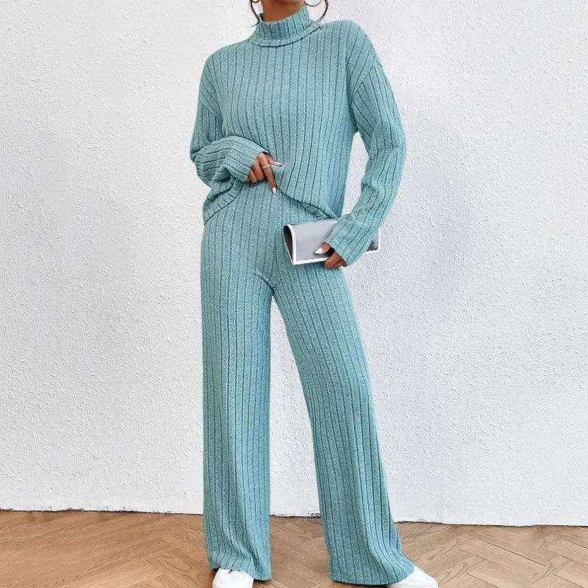 Stylish Women's Winter Knitted Turtleneck Sweater and Loose Trousers Two-piece Set