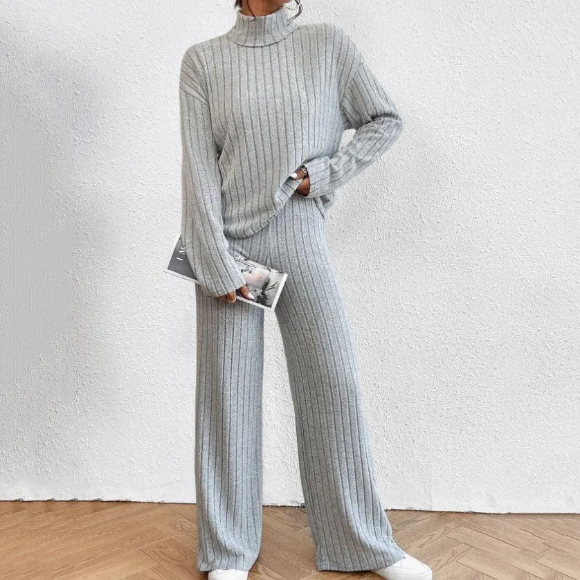 Stylish Women's Winter Knitted Turtleneck Sweater and Loose Trousers Two-piece Set