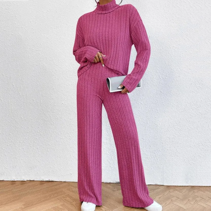 Stylish Women's Winter Knitted Turtleneck Sweater and Loose Trousers Two-piece Set