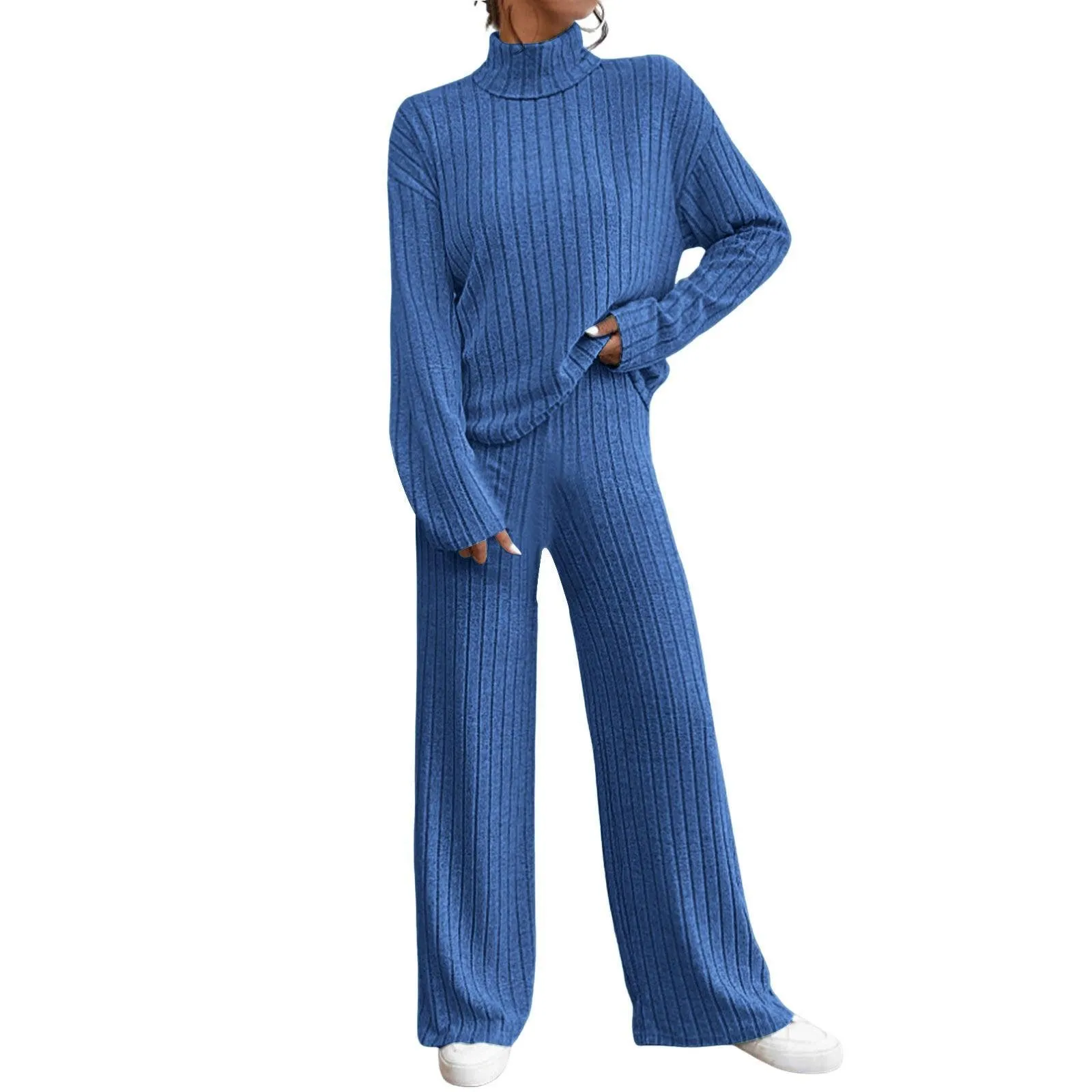 Stylish Women's Winter Knitted Turtleneck Sweater and Loose Trousers Two-piece Set